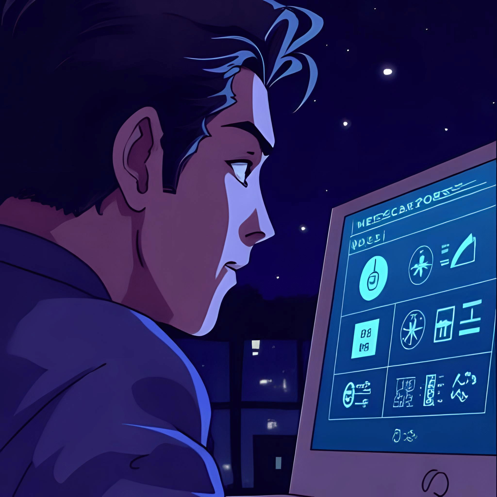Focused young man looking at flowchart or n8n nodes on monitor, slight smirk, glowing progress bar UI, background dark with digital vibes in anime theme