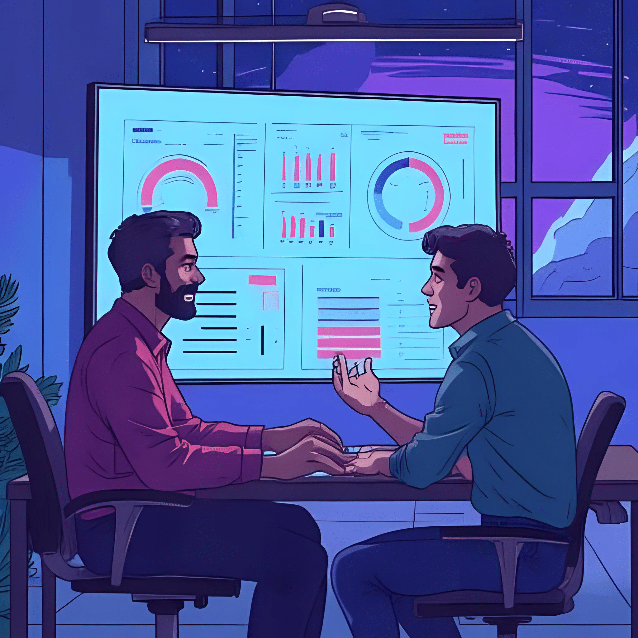 Happy Indian man showing AI automation dashboard to another freelancer across desk, both smiling, digital whiteboard background with glowing charts in anime theme