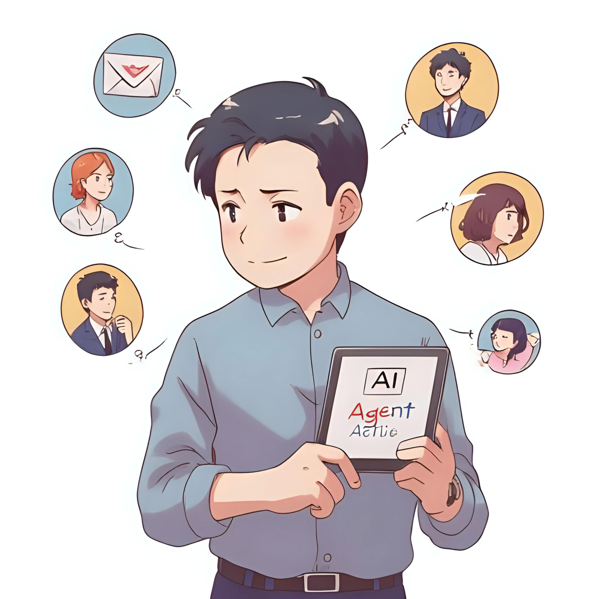 Solo founder holding tablet showing ‘AI Agent Active’ screen, with avatars labeled Email, YouTube, Content, Social floating around him, clean background in anime theme