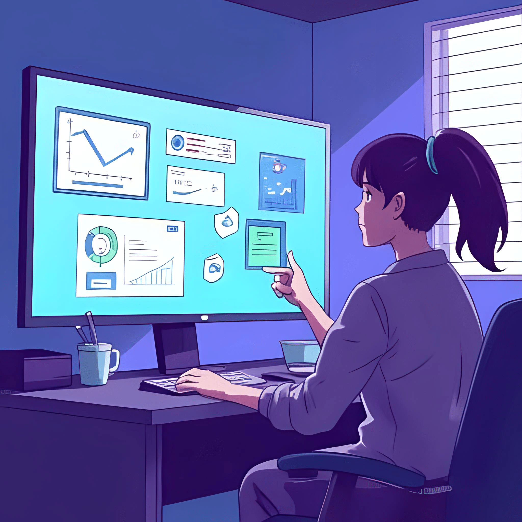 Brand founder proudly standing in front of big screen showing ‘Abuzzr’ dashboard with AI agents floating around, Ava Max as assistant on side, modern workspace in anime theme