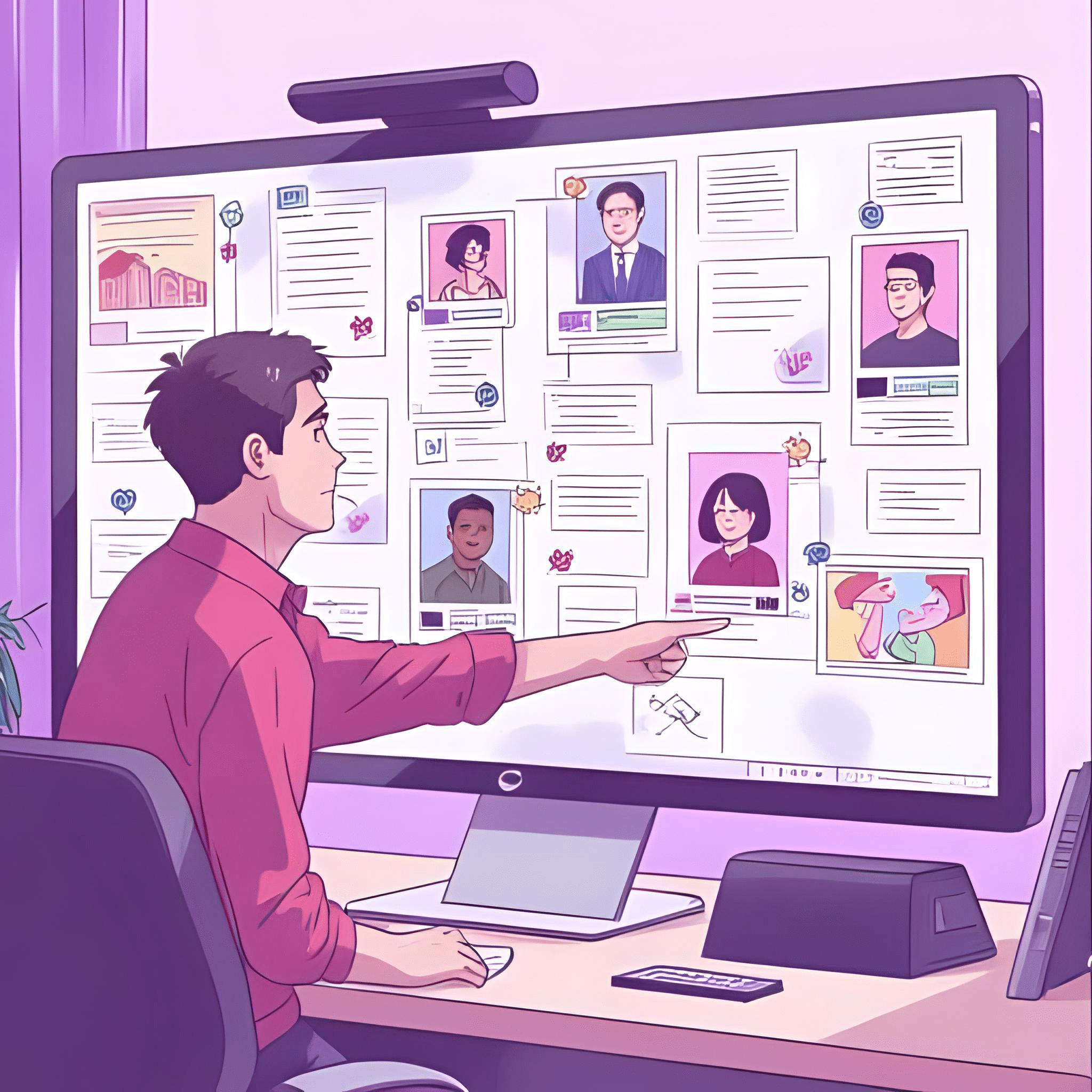 Happy customers’ photos on screen, like a testimonial wall, with floating 5-star icons and screenshots, founder pointing at one with smile in anime theme