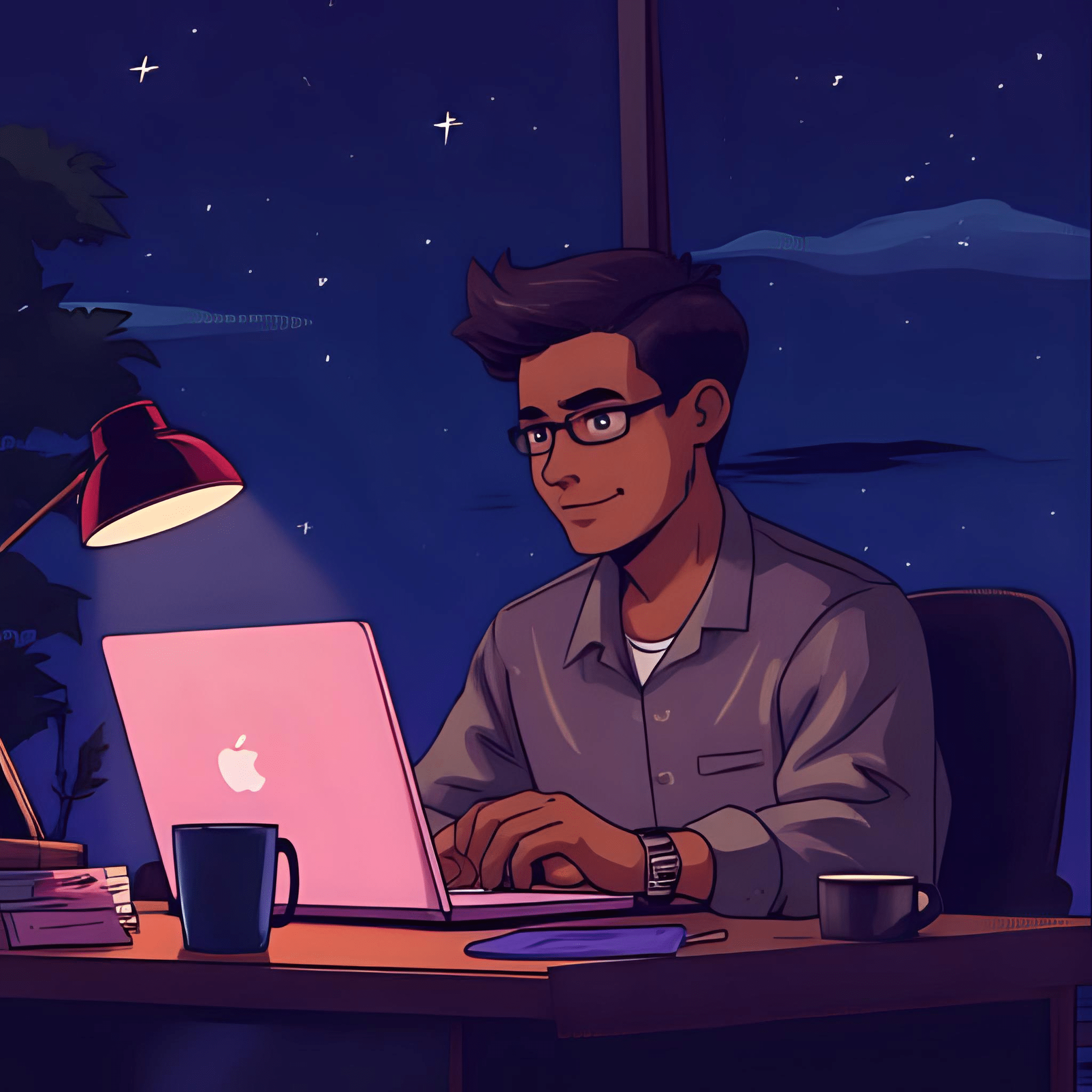 Indian male automation builder sitting at desk with laptop open on n8n dashboard, night time lighting with warm tones, focused face, slight smile, inspirational side desk lamp, background shows sticky notes, coffee mug, tech gear, storytelling style photo in Anime theme